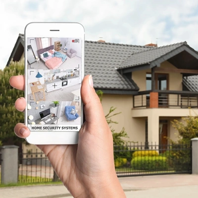 Portland vivint phone display of cctv live feed in front of a house